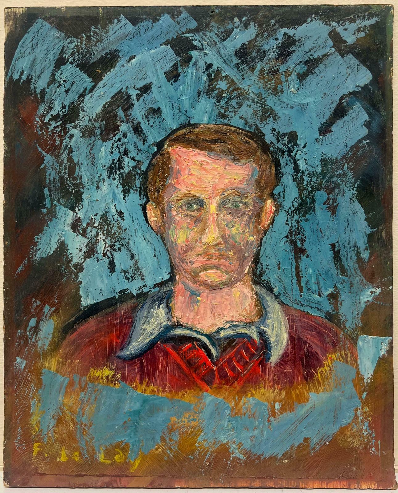 Fanch Lelexpressionist Portrait Of A Man In A Red Sweater Against A Bold Blue Abstract20th Century photo furniture