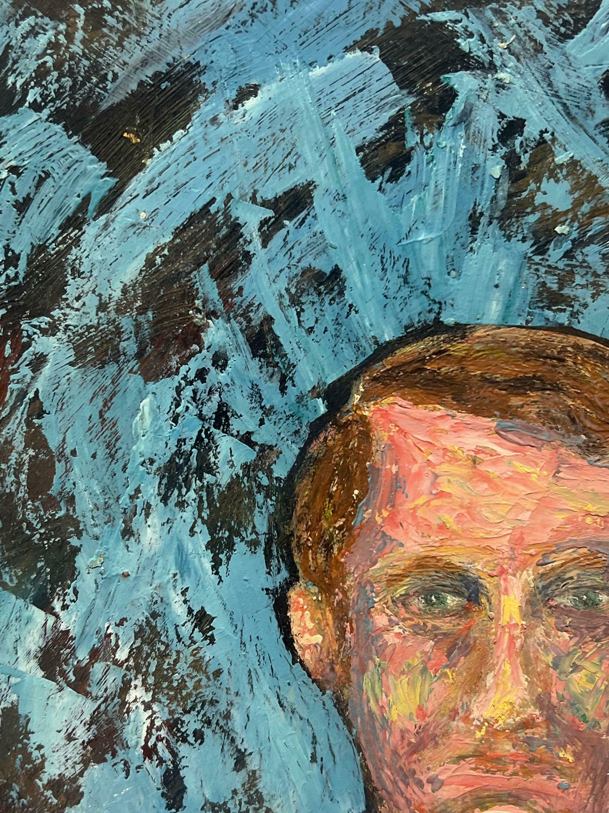 Fanch Lelexpressionist Portrait Of A Man In A Red Sweater Against A Bold Blue Abstract20th Century photo Art
