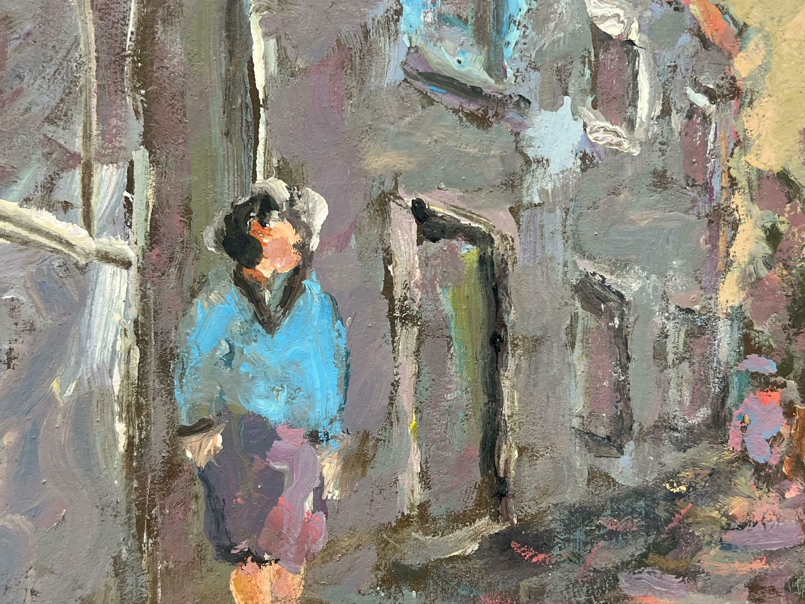 Fanch Lelfigures Strolling In European Street Scene Distant Church Steeple Oil 20th Century photo 728.0