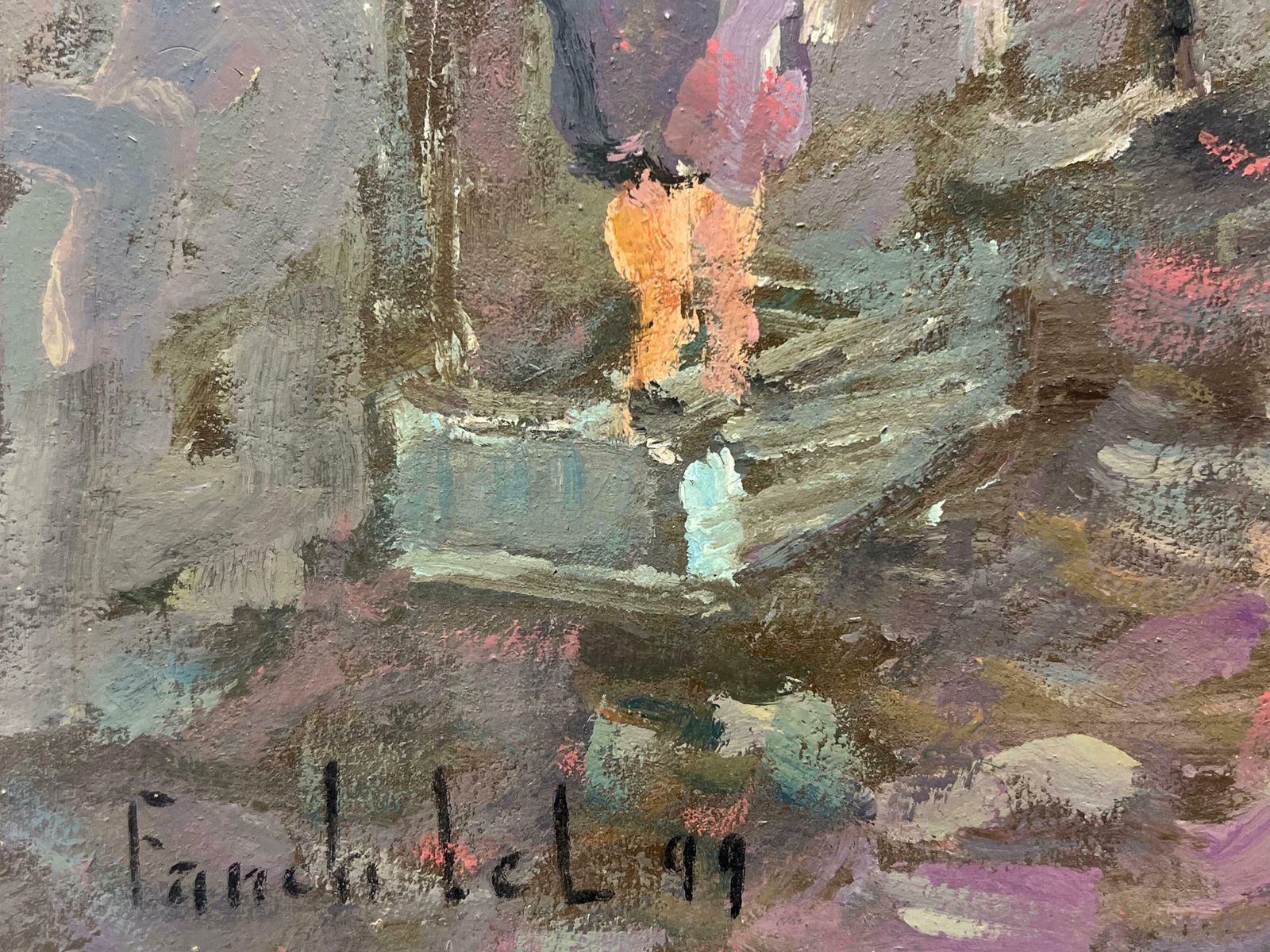 Fanch Lelfigures Strolling In European Street Scene Distant Church Steeple Oil 20th Century photo vinterior