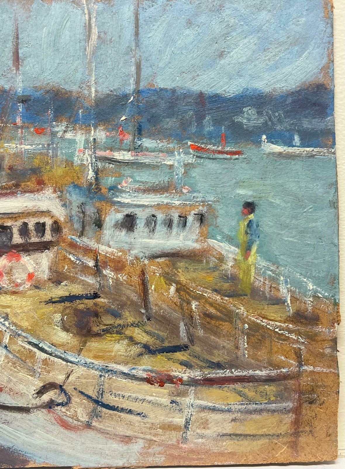 Fanch Lelbustling Dockside Scene With Sailboats And Dockworkers French Oil Painting20th Century photo 590.0