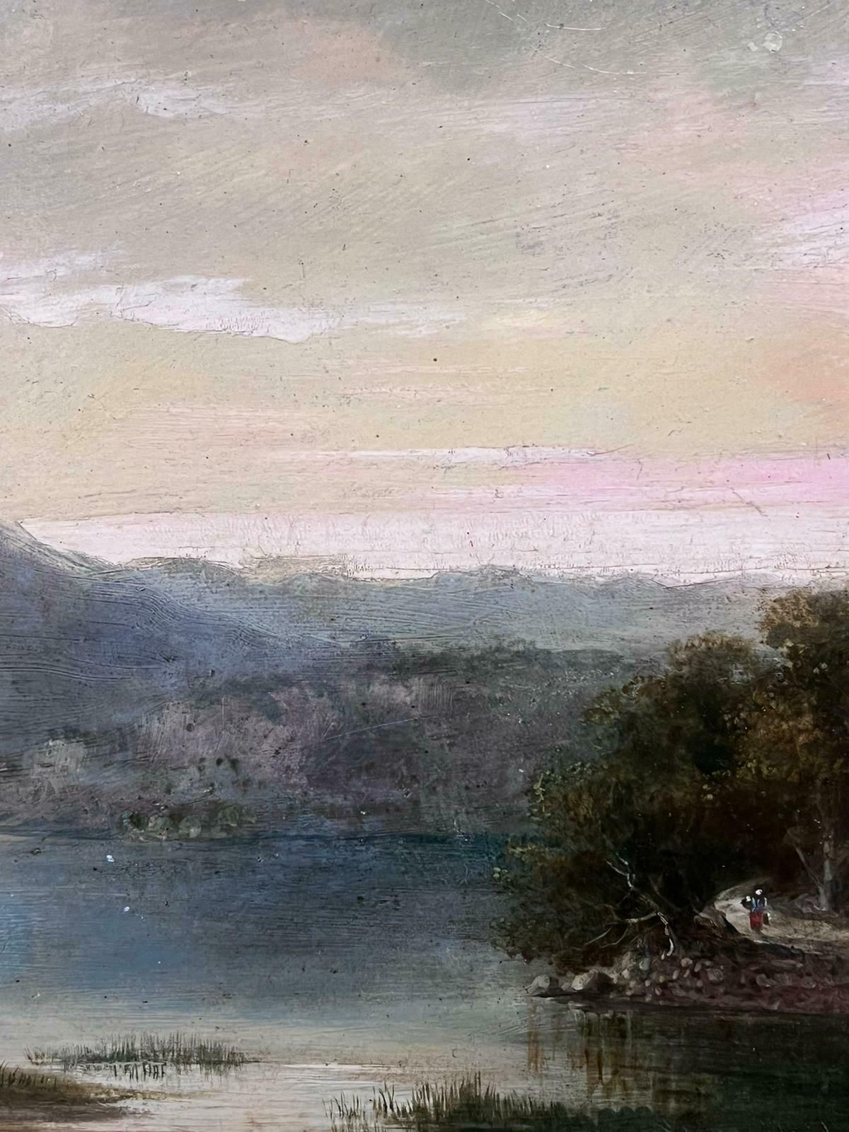 British 1860'sscottish Highlands Loch Scene Cattle Watering Dusk Atmospheric Light 19th C. Oil photo for sale