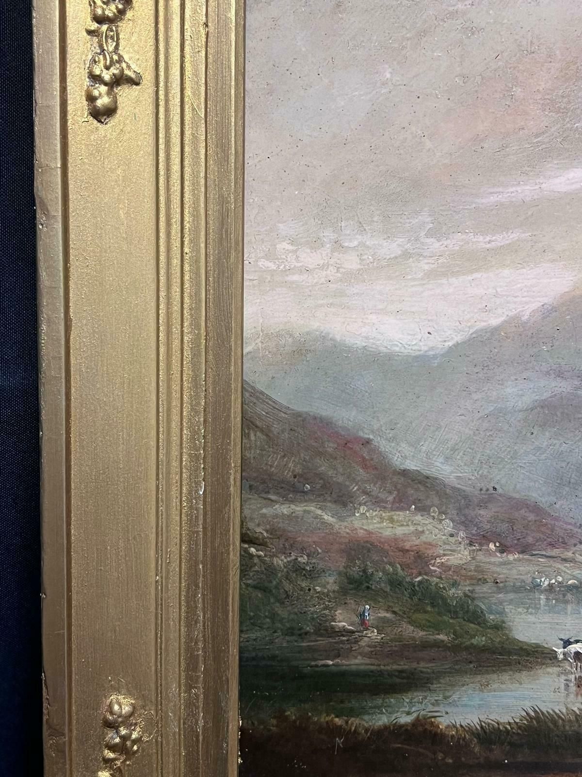 British 1860'sscottish Highlands Loch Scene Cattle Watering Dusk Atmospheric Light 19th C. Oil photo buy
