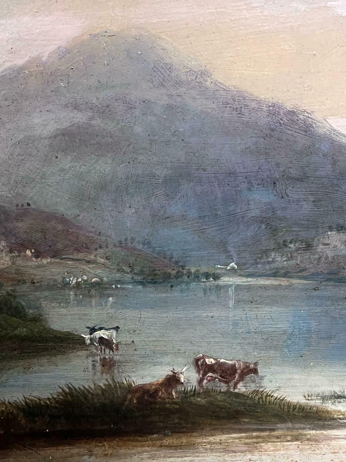 British 1860'sscottish Highlands Loch Scene Cattle Watering Dusk Atmospheric Light 19th C. Oil photo vintage