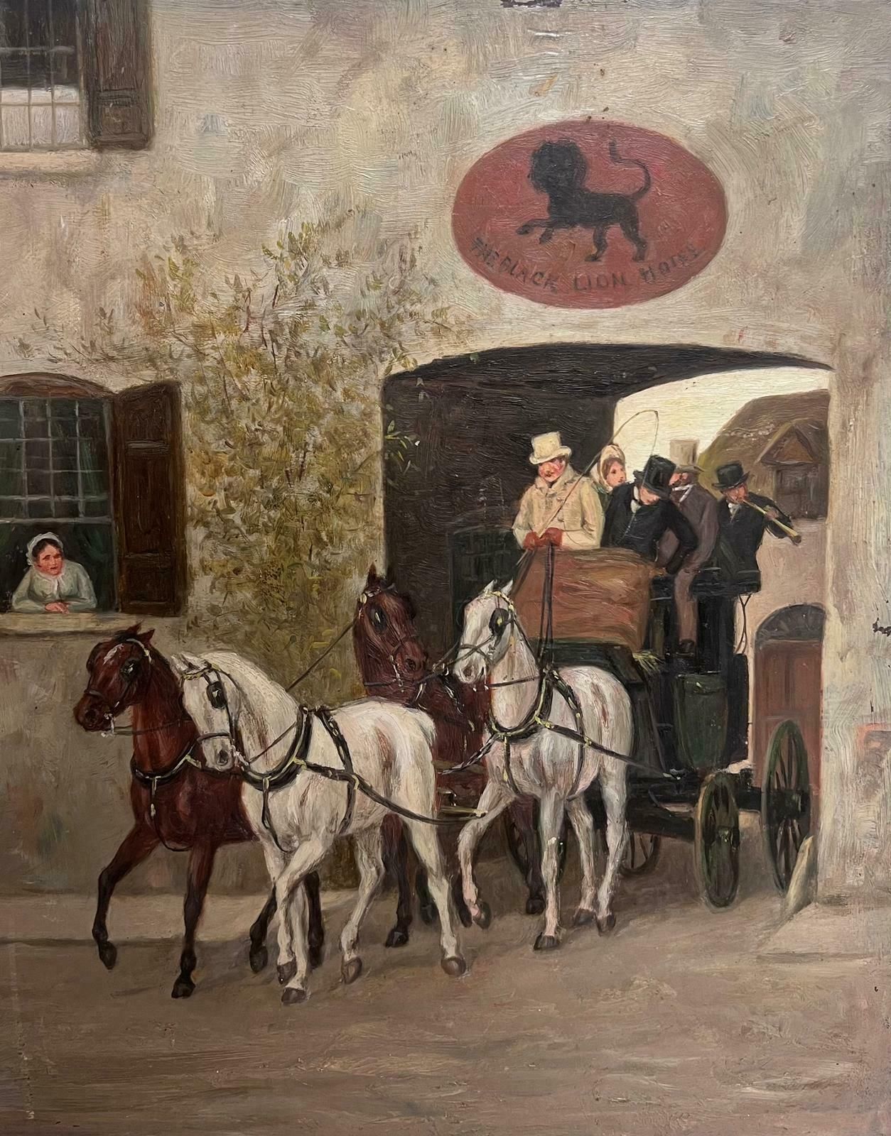 Victorian English Oil 19th Century English Coaching Scene Oil Painting Horse Carriages Outside Tavern