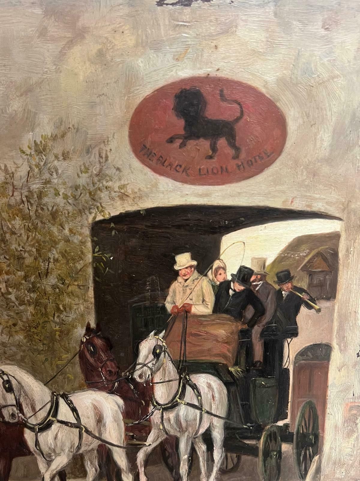 Victorian English Oil 19th Century English Coaching Scene Oil Painting Horse Carriages Outside Tavern photo vinterior