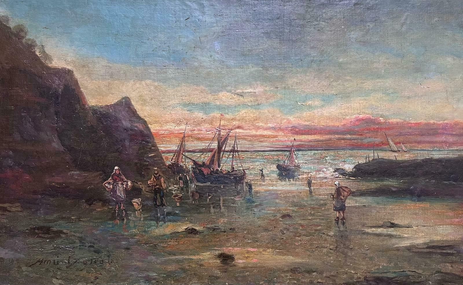 French School19th Century Signed French Oil Painting Fisherfolk On The Shore Sunset Sunrise photo furniture