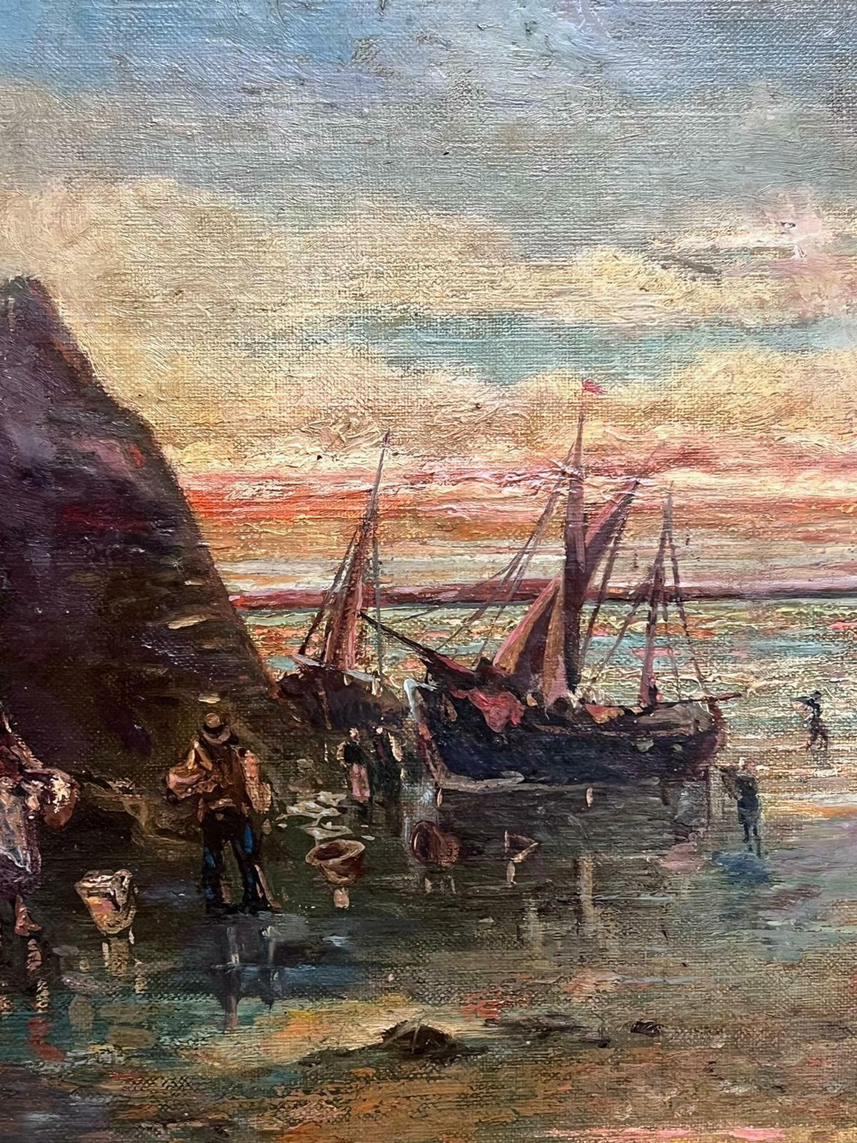 French School19th Century Signed French Oil Painting Fisherfolk On The Shore Sunset Sunrise photo Art