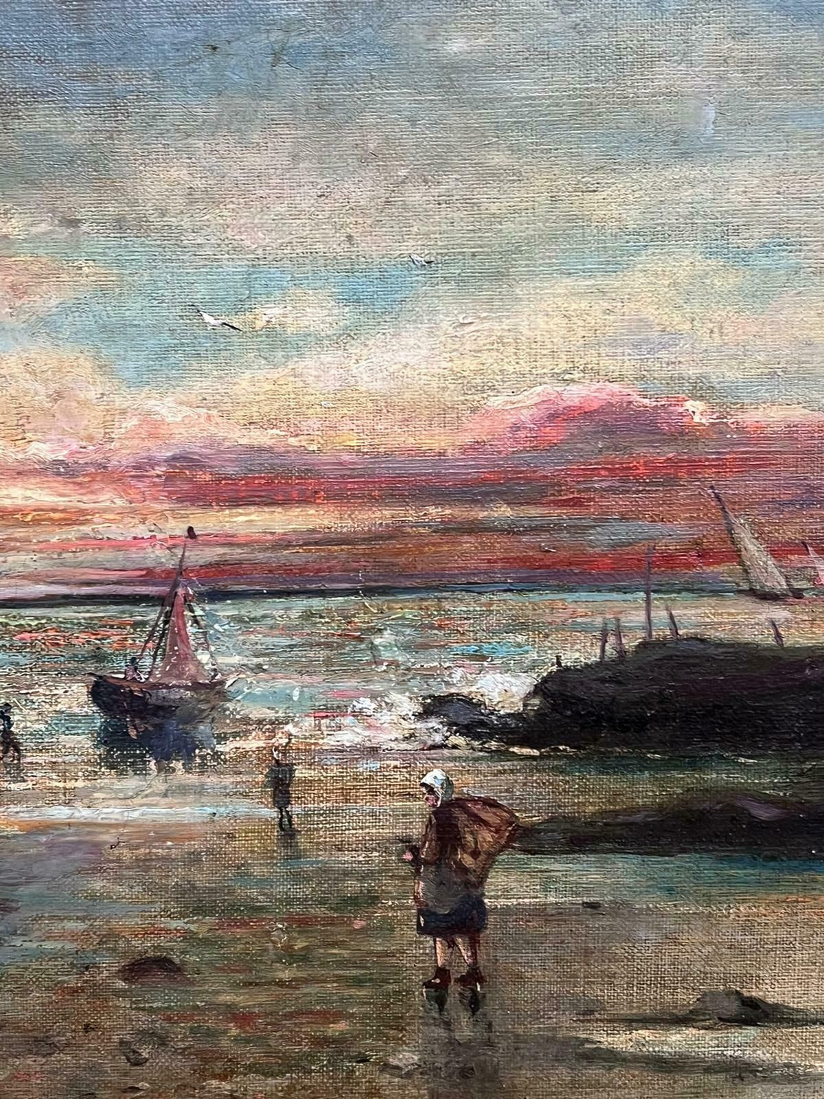 photo furniture French School19th Century Signed French Oil Painting Fisherfolk On The Shore Sunset Sunrise