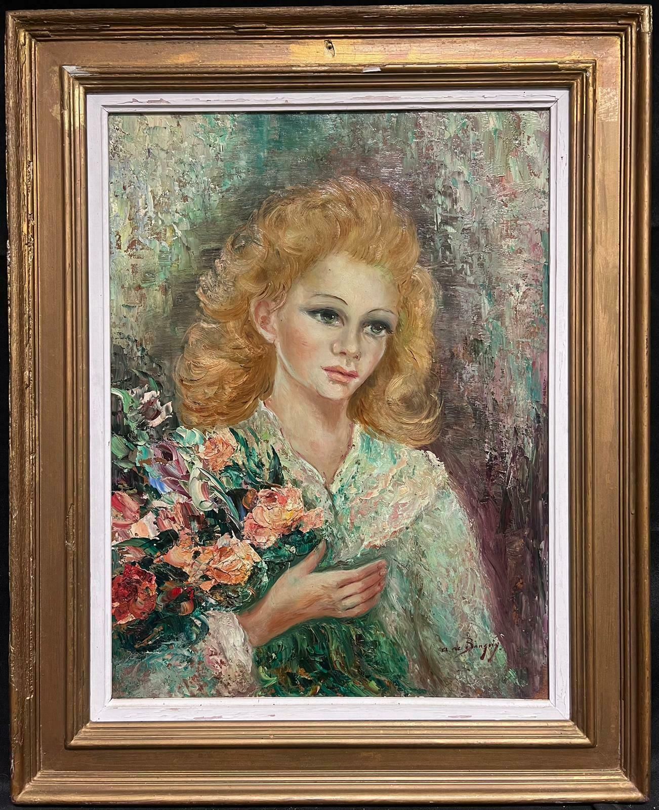 Anna De Banguy1950's French Post Impressionist Signed Oil Portrait Of Young Lady With Flowers1950's