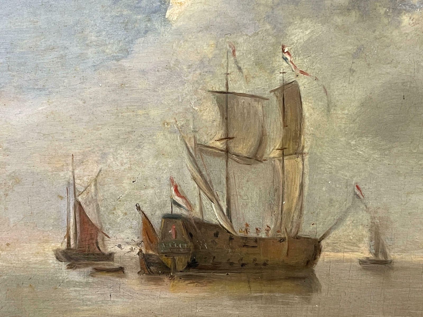 Dutch 18thshipping In Calm Waters, 18th Century Dutch Oil On Wood Panel, Man O War18th Century photo vintage