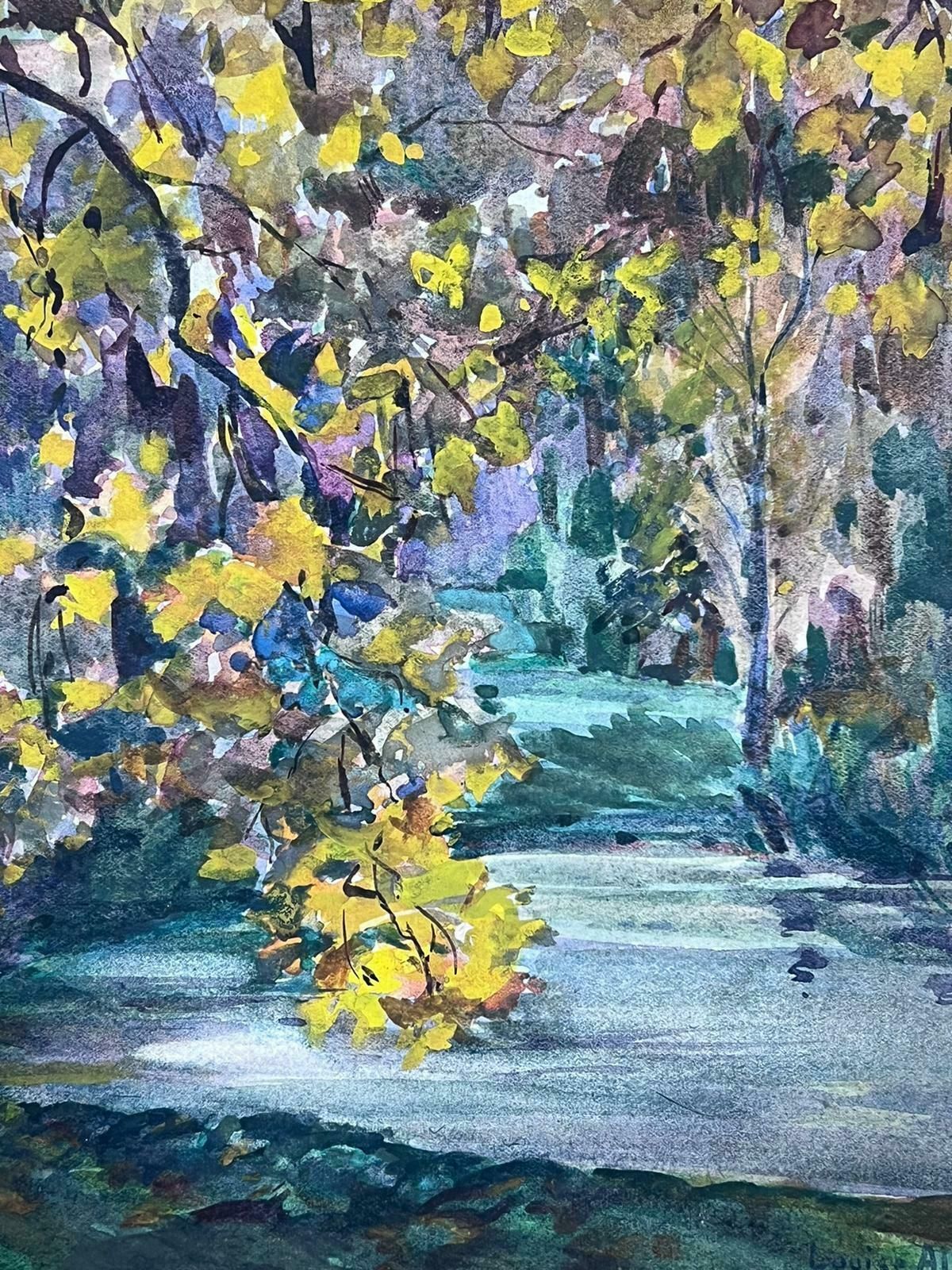 Louise Alixfrench Impressionist Watercolour Painting Yellow Tree Over Green Stream 1930's photo for sale