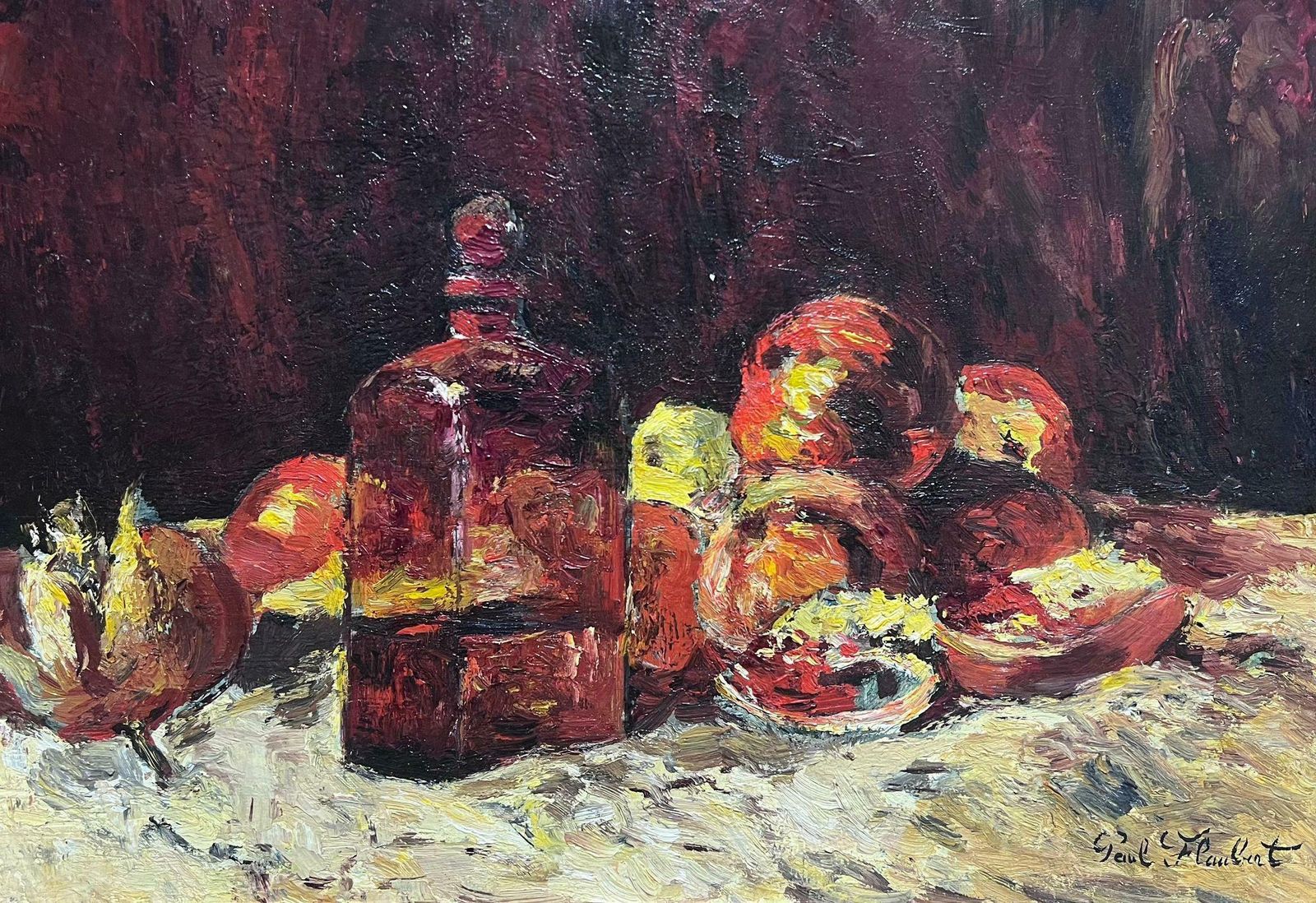 Paul Flaubertfrench Impressionist Signed Oil Painting Still Life Apples And Wine