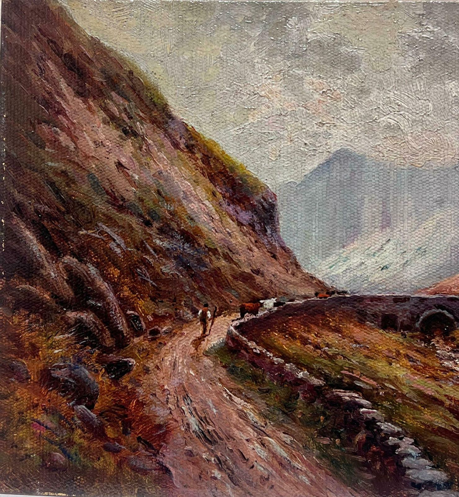 British School Antique Scottish Highlands Oil Painting Drover With Cattle Mountain Valley Path photo for sale