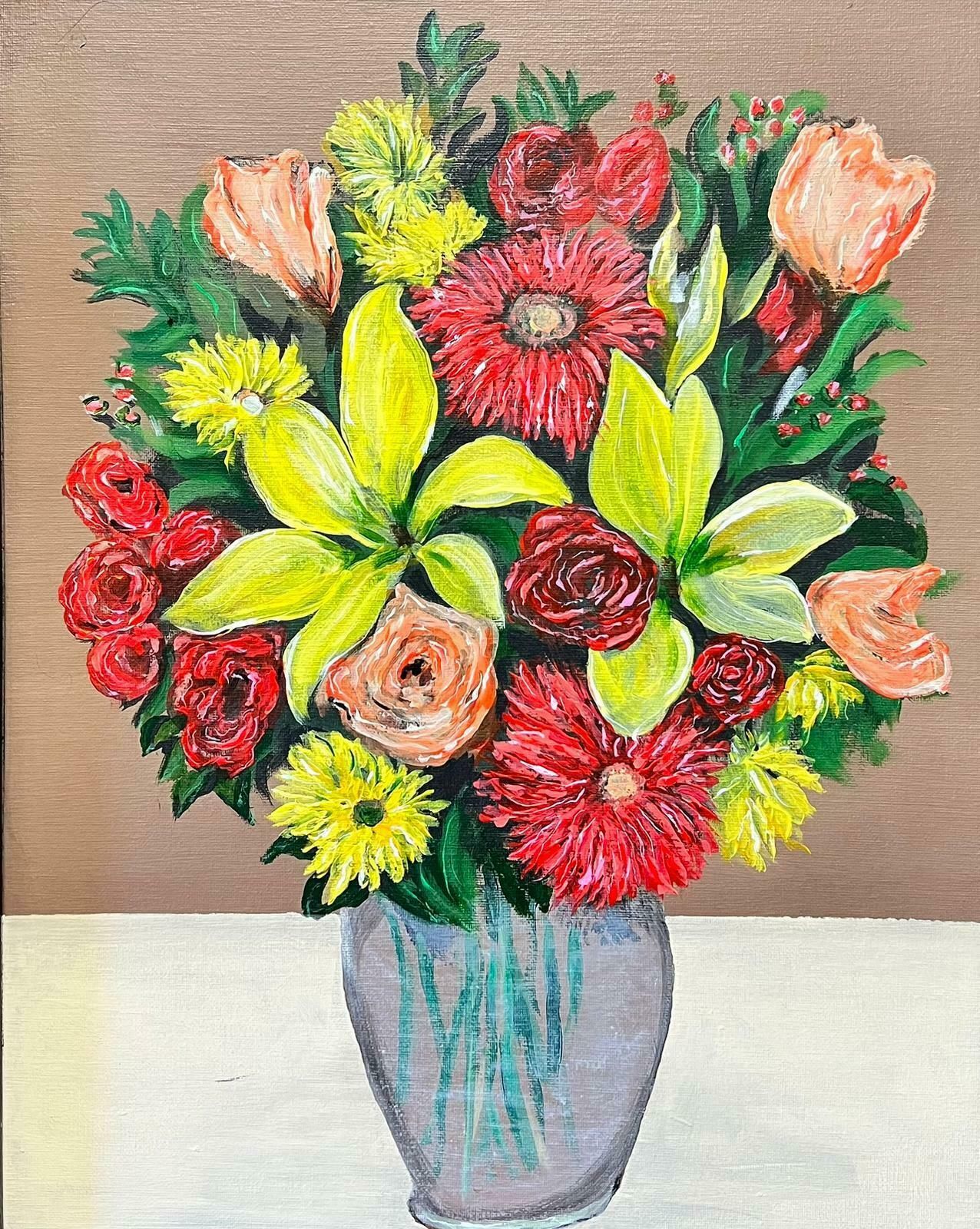 Contemporary British Modernist Still Life Flowers In Vase Oil Painting In Beautiful Florentine Frame photo furniture