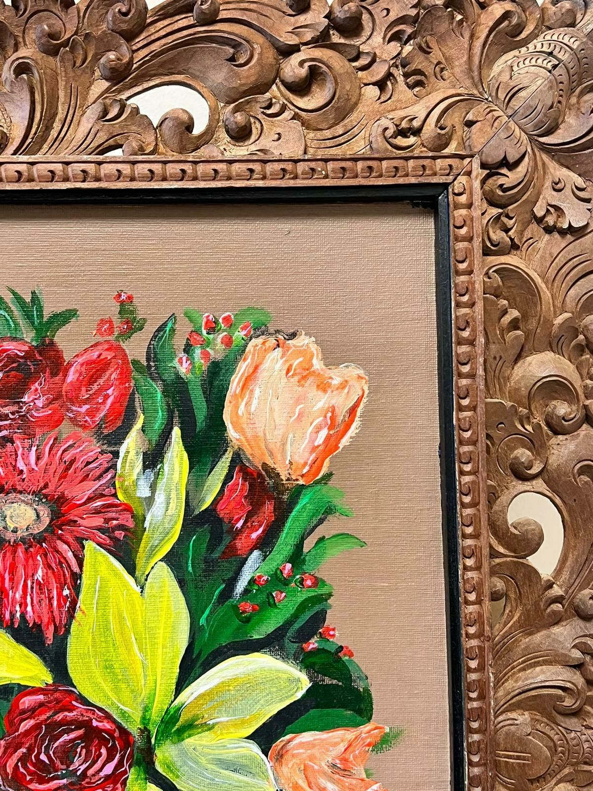 Contemporary British Modernist Still Life Flowers In Vase Oil Painting In Beautiful Florentine Frame photo 822.0