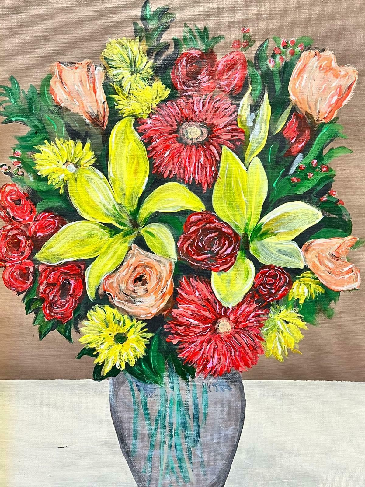 Contemporary British Modernist Still Life Flowers In Vase Oil Painting In Beautiful Florentine Frame photo buy