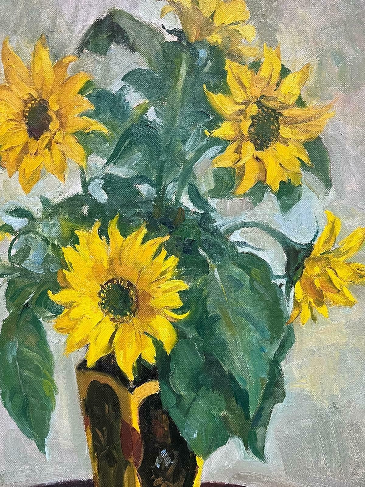 Mid 20th Century English Impressionistsunflowers In Vase 1950's English Impressionist Signed Oil Painting On Canvas1950's photo for sale