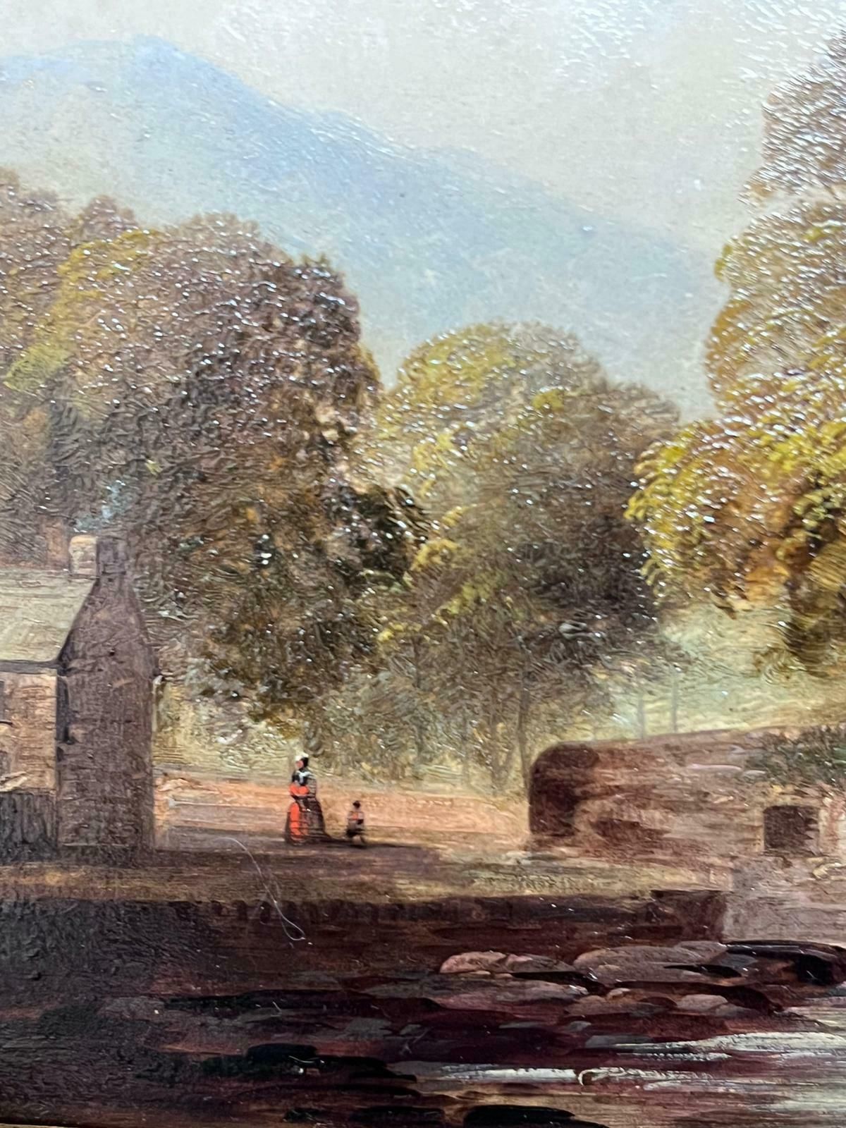 Welsh 19th Centuryvictorian Welsh Landscape Figure By Stone Bridge River Landscape Framed Oil photo for sale