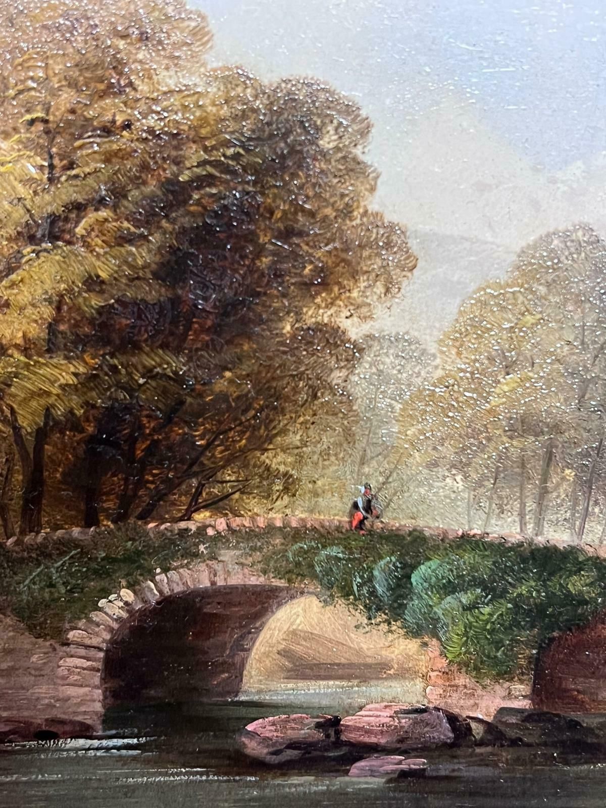 Welsh 19th Centuryvictorian Welsh Landscape Figure By Stone Bridge River Landscape Framed Oil photo Art