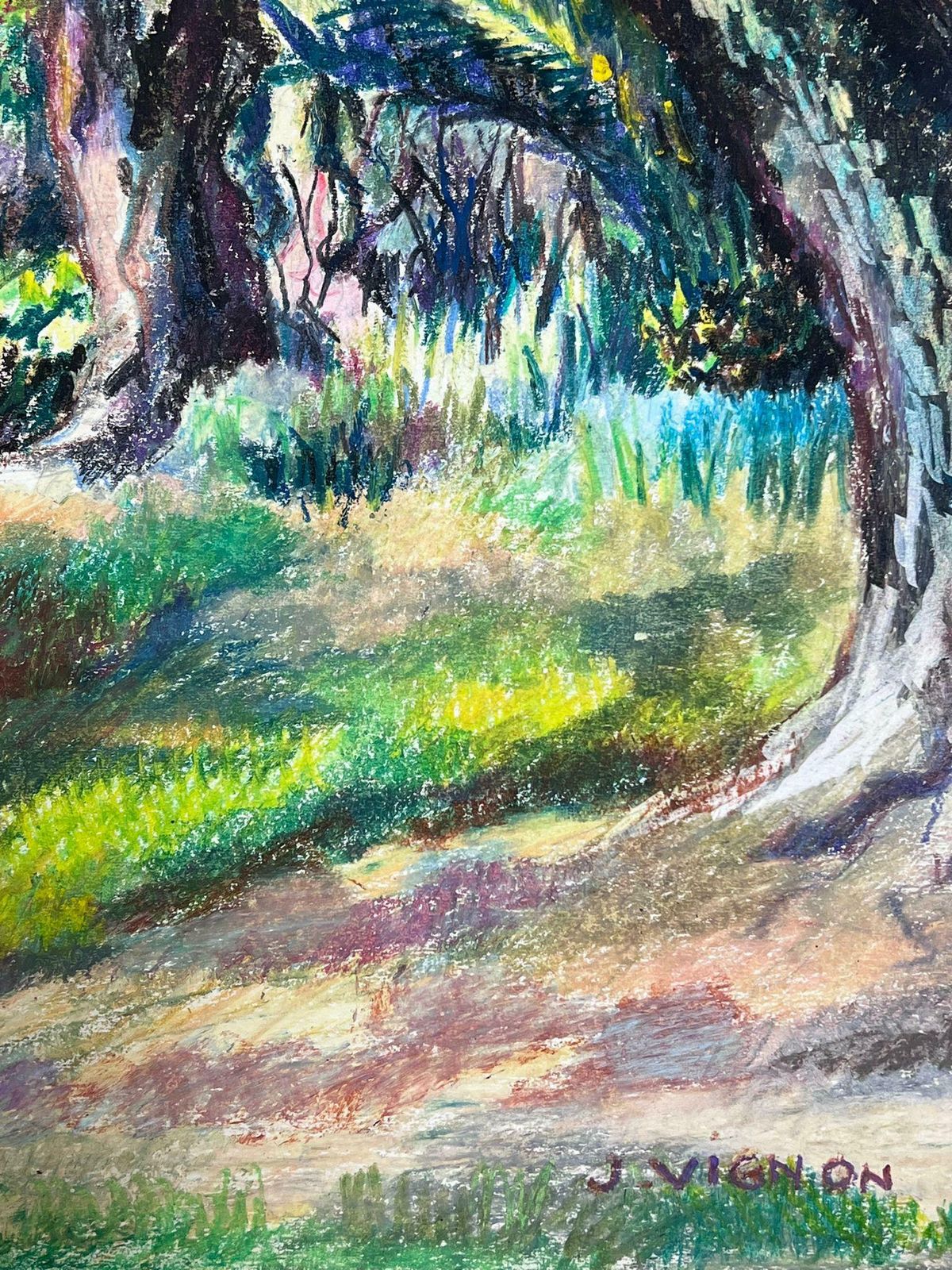 Josine Vignonlarge 1970's French Impressionist Pastel Chateau In The Green Woodlands1977 photo furniture