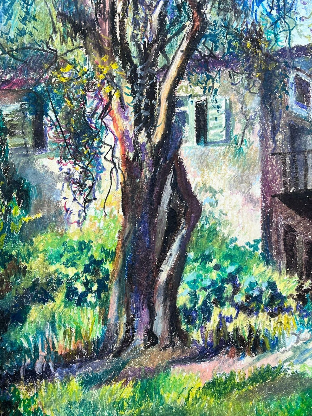 Josine Vignonlarge 1970's French Impressionist Pastel Chateau In The Green Woodlands1977 photo for sale