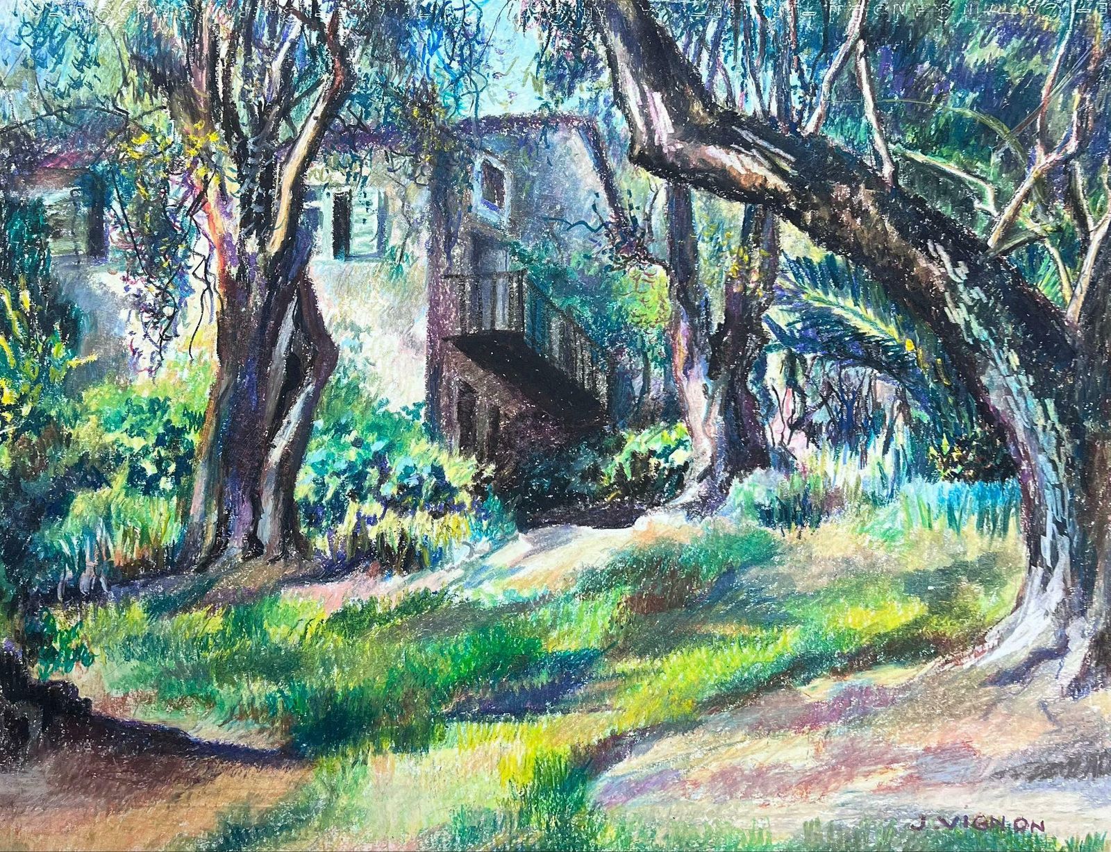 Josine Vignonlarge 1970's French Impressionist Pastel Chateau In The Green Woodlands1977 photo vinterior