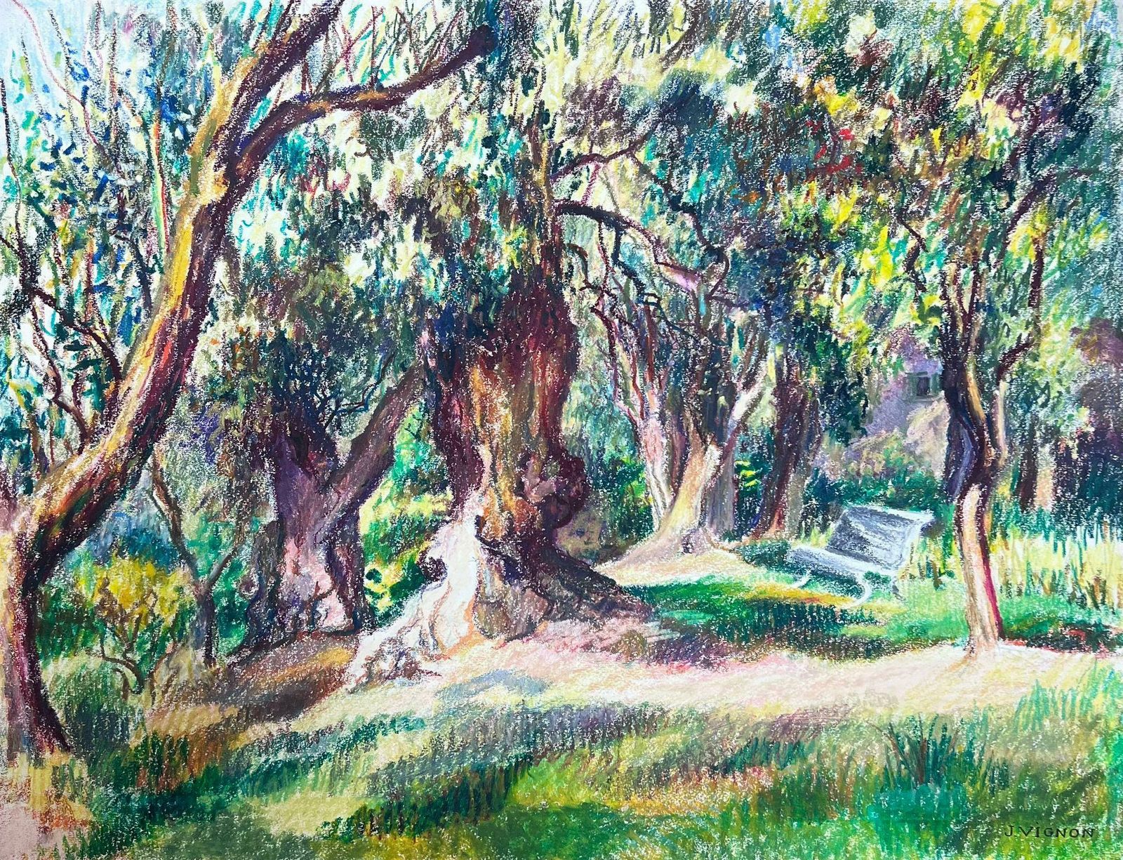Josine Vignon1970's French Impressionist Pastel Garden Bench In The Summer Tree Garden1977