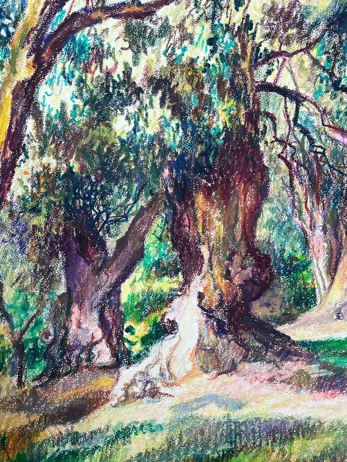 Josine Vignon1970's French Impressionist Pastel Garden Bench In The Summer Tree Garden1977 photo Art