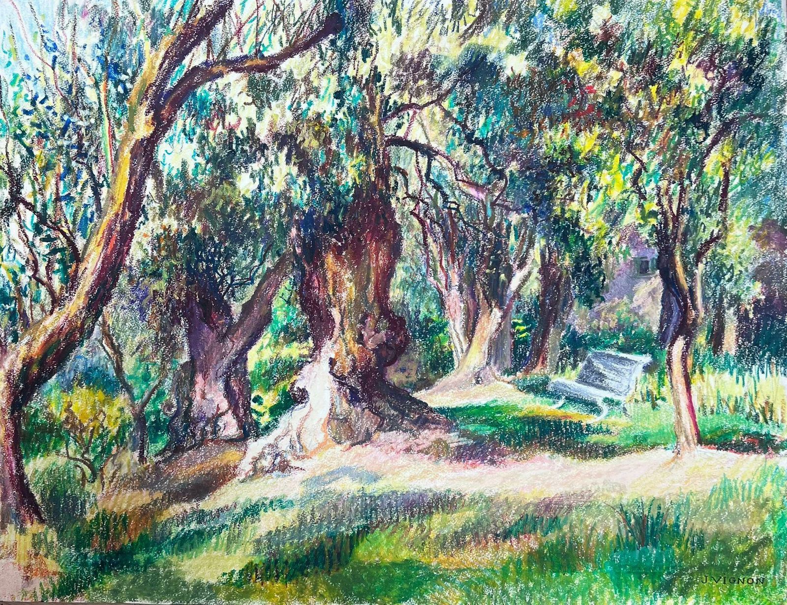 Josine Vignon1970's French Impressionist Pastel Garden Bench In The Summer Tree Garden1977 photo vinterior