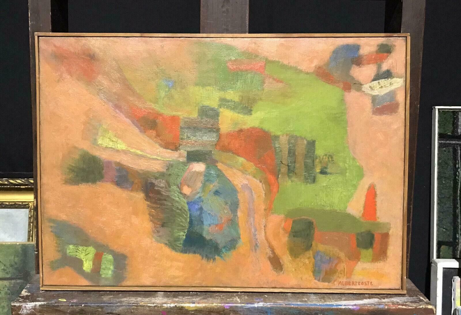 Albert Coste (1896 1985) 1950's Signed French Cubist Oil Painting   Beautiful Orange Blue Green Colorsc. 1950's photo furniture