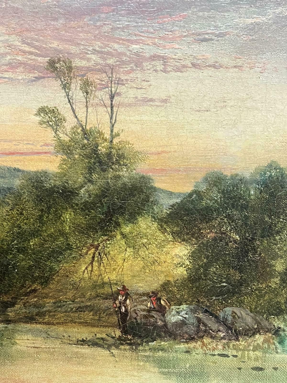 British Victorianmid 19th Century English Oil Painting Anglers River Landscape At Sunset photo vinterior