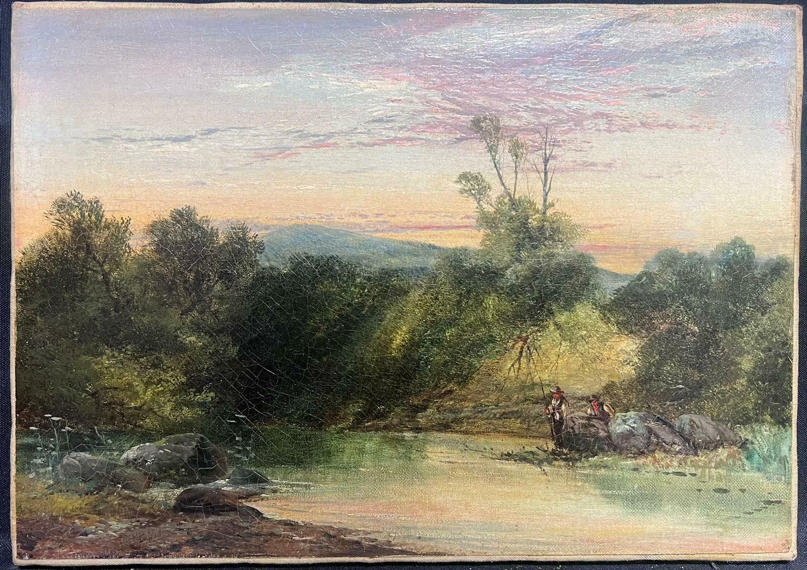 British Victorianmid 19th Century English Oil Painting Anglers River Landscape At Sunset photo buy