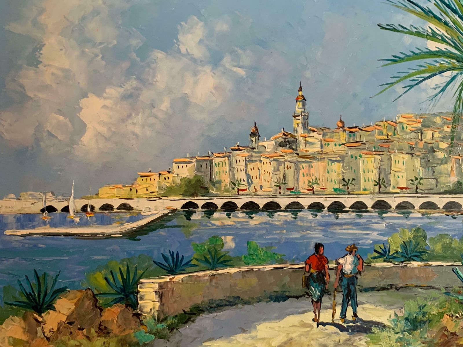 Bartiemsigned French Impressionist Oil Painting   Cote D'azur Figures Walking Harbourc. 1980's photo for sale