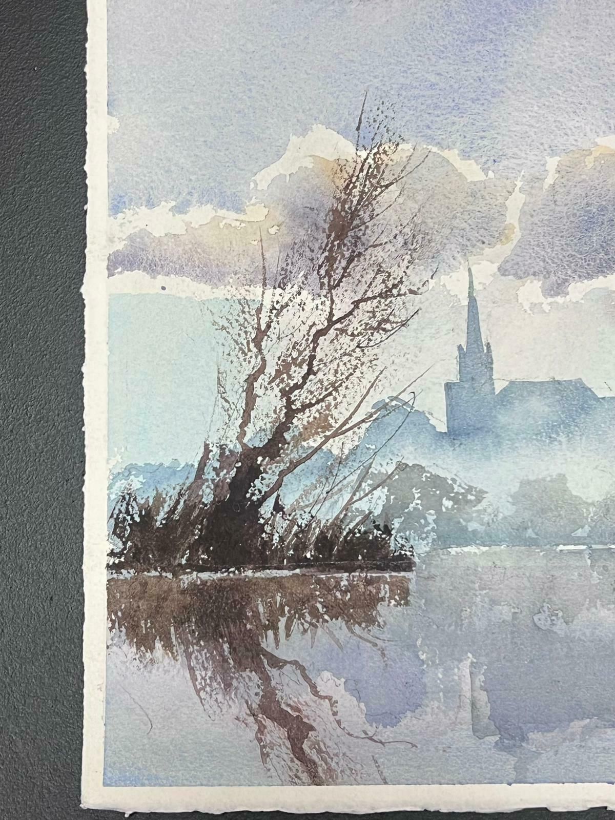 Anthony Averyfine British Original Impressionist Watercolor Gloomy Fog Rising Over Blue Lake photo for sale