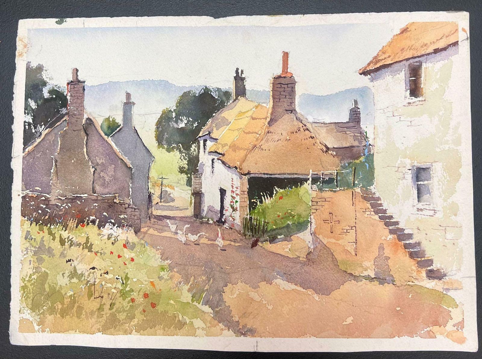 Anthony Averyfine British Original Impressionist Watercolor Ducks In Garden Courtyard photo furniture