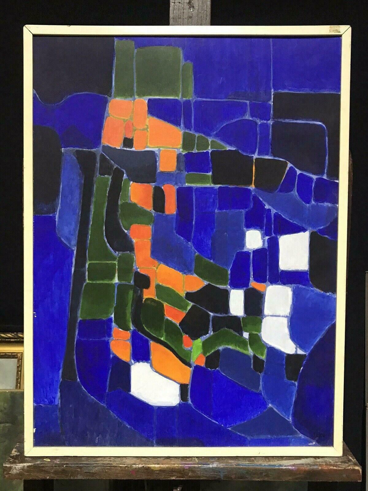 French Cubist1980's French Cubist Abstract Signed Oil Painting   Deep Blue Green Orange Blackc. 1950's photo furniture