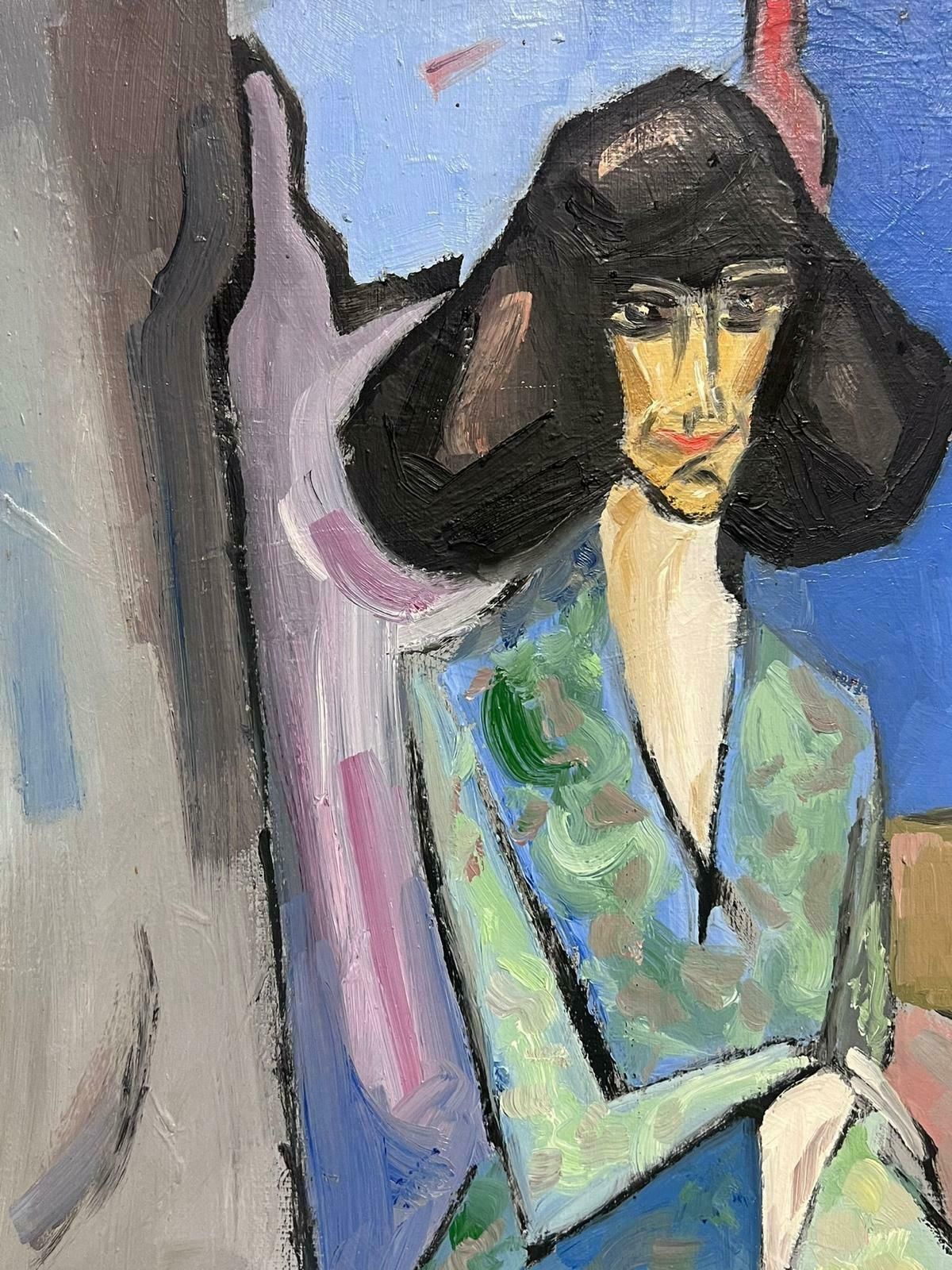Paul Louis Bolot (French 1918 2003)1980's French Cubist Modernist Signed Oil Painting Fashionable Lady In Interior20th Century photo Art