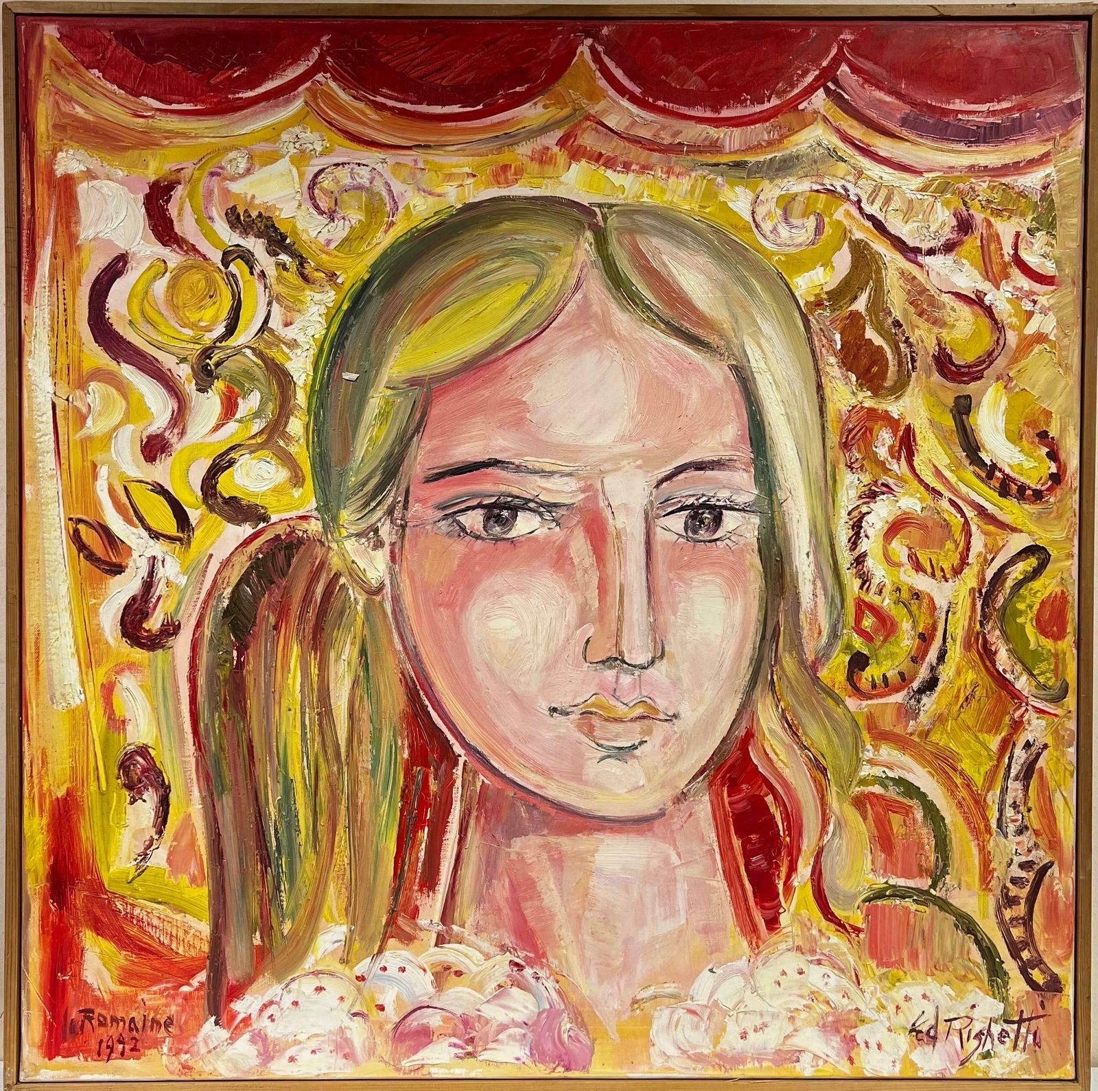édouard Righetti (1924 2001)huge French 20thc Modernist Oil Painting   Portrait Of Blonde Lady Pink Swirls photo furniture