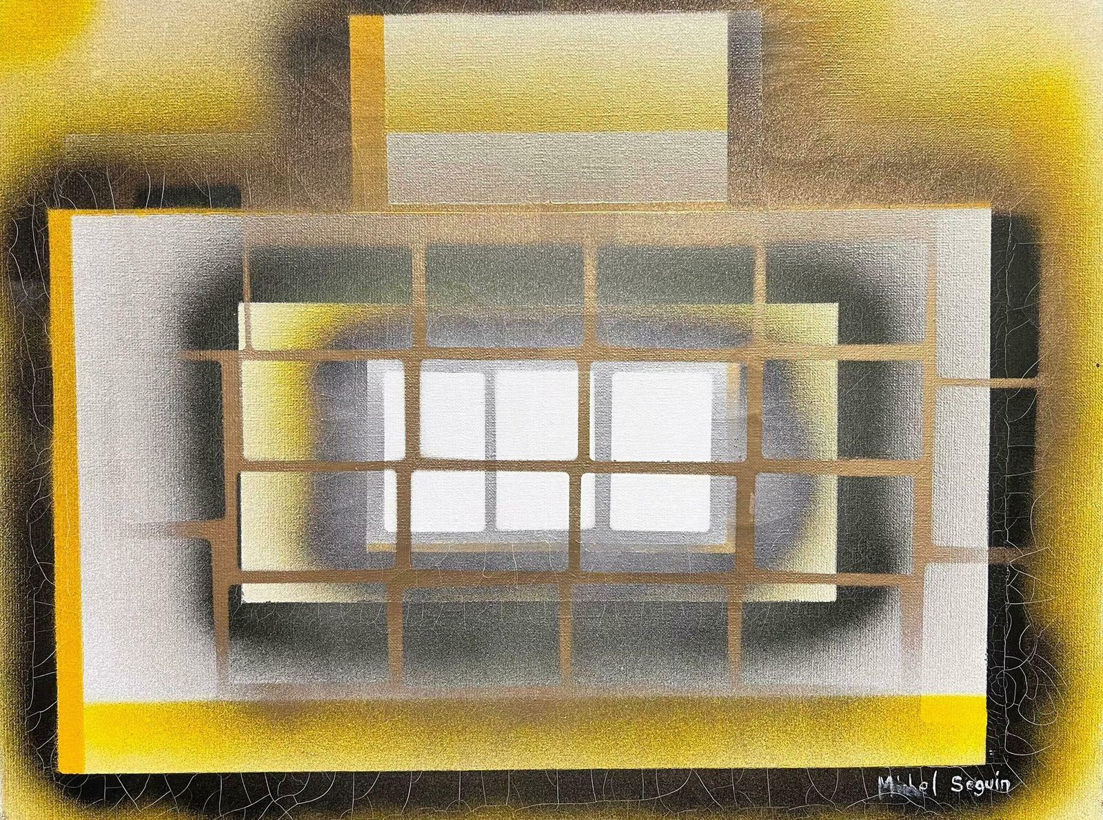 Michel Seguinlarge French Abstract Contemporary Painting Black And Yellow Squares
