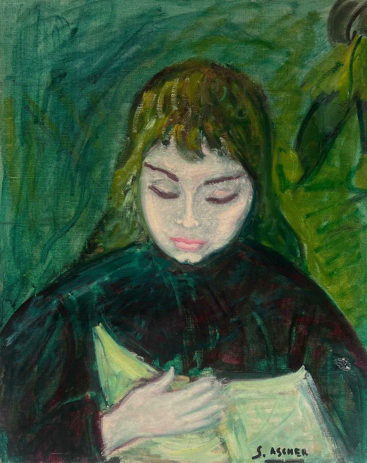 S.Ascher1950's French Modernist Signed Oil Painting Portrait Of Young Lady In Green1950's
