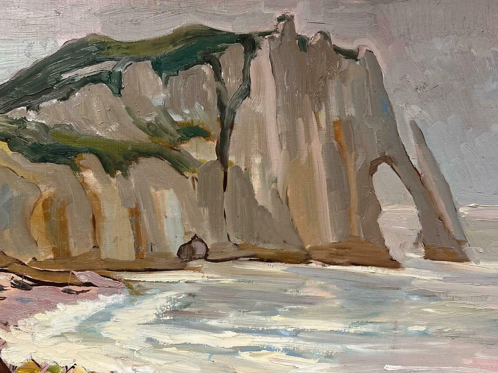 Georges Bordonove1970's French Impressionist Oil Etretat Cliffs Coastline With Fisherfolk Beach1970 photo for sale