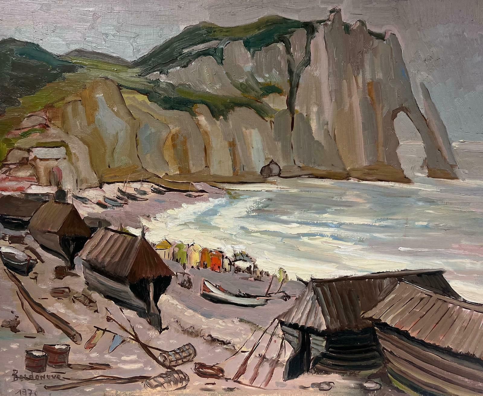 Georges Bordonove1970's French Impressionist Oil Etretat Cliffs Coastline With Fisherfolk Beach1970 photo vinterior