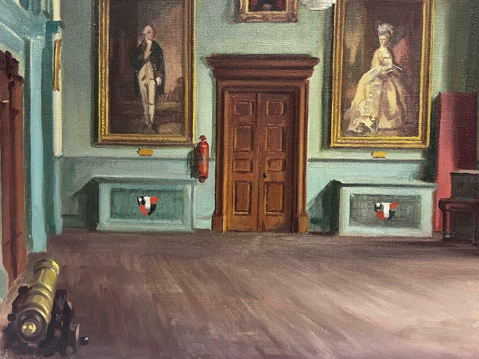 English Mid 20thfine 1950's English Oil Grand Interior Room Scene Ancestral Portraits Signed photo furniture