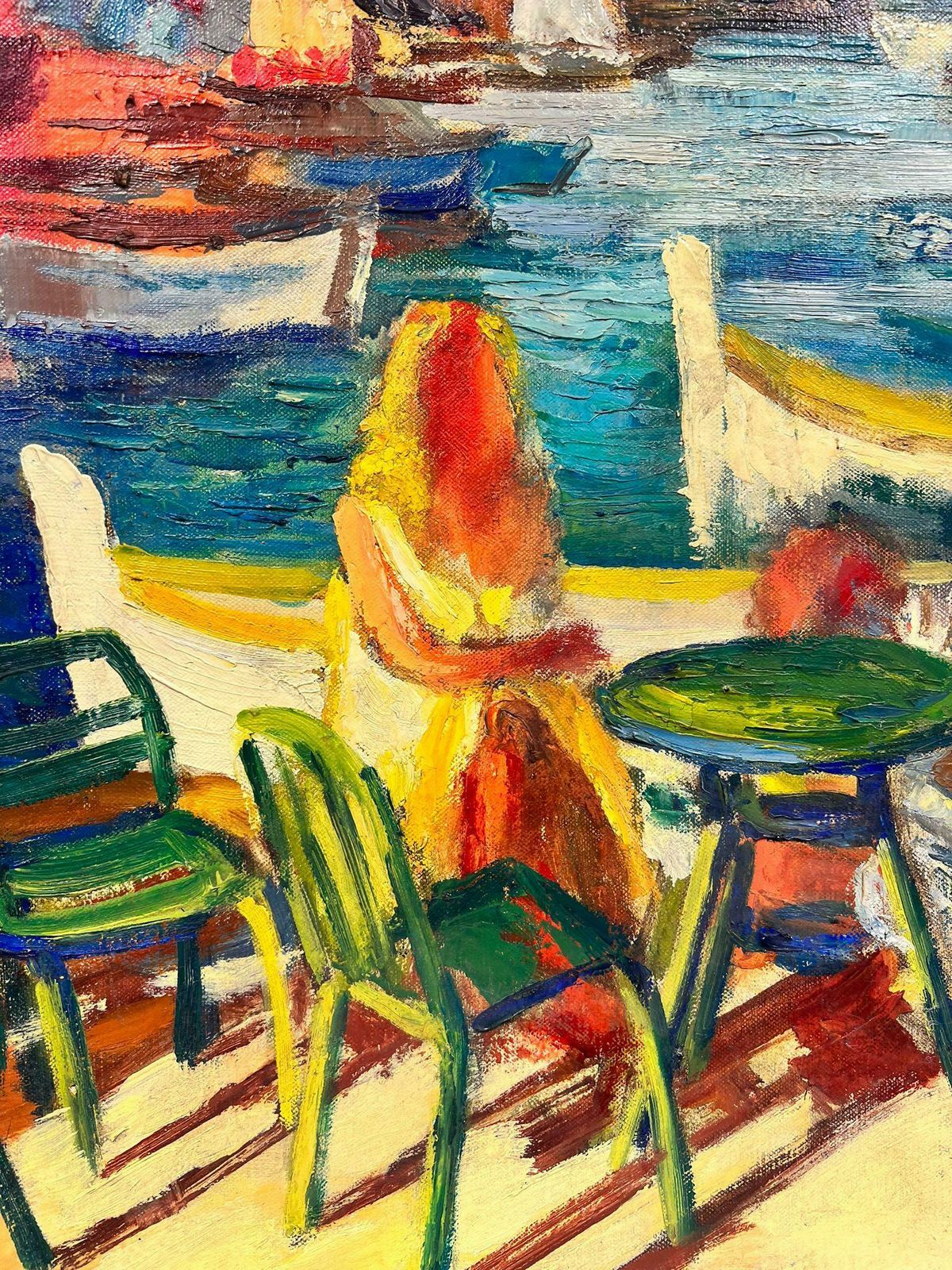 Josine Vignoncouple Dining By The Vibrant Cagnes Sur Mer Harbour French Signed Oil 1960's photo for sale