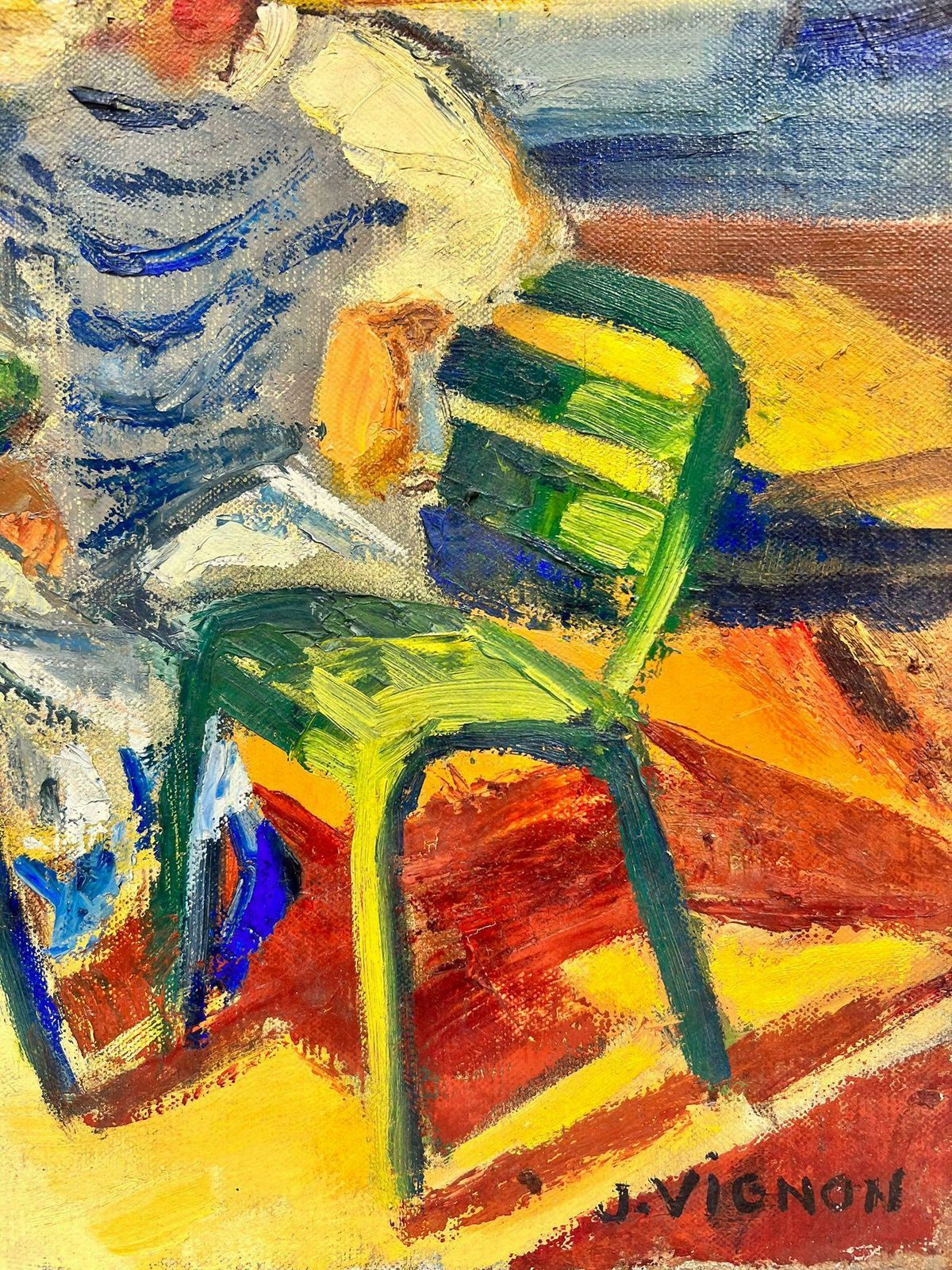 Josine Vignoncouple Dining By The Vibrant Cagnes Sur Mer Harbour French Signed Oil 1960's photo vintage