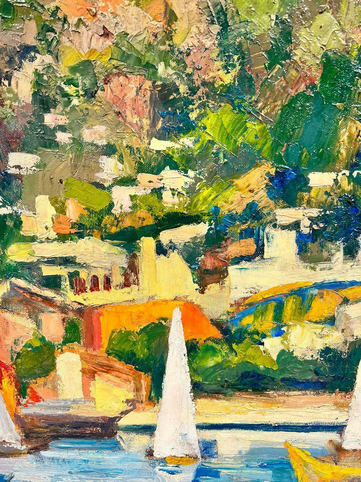 1641.0 Josine Vignoncouple Dining By The Vibrant Cagnes Sur Mer Harbour French Signed Oil 1960's photo