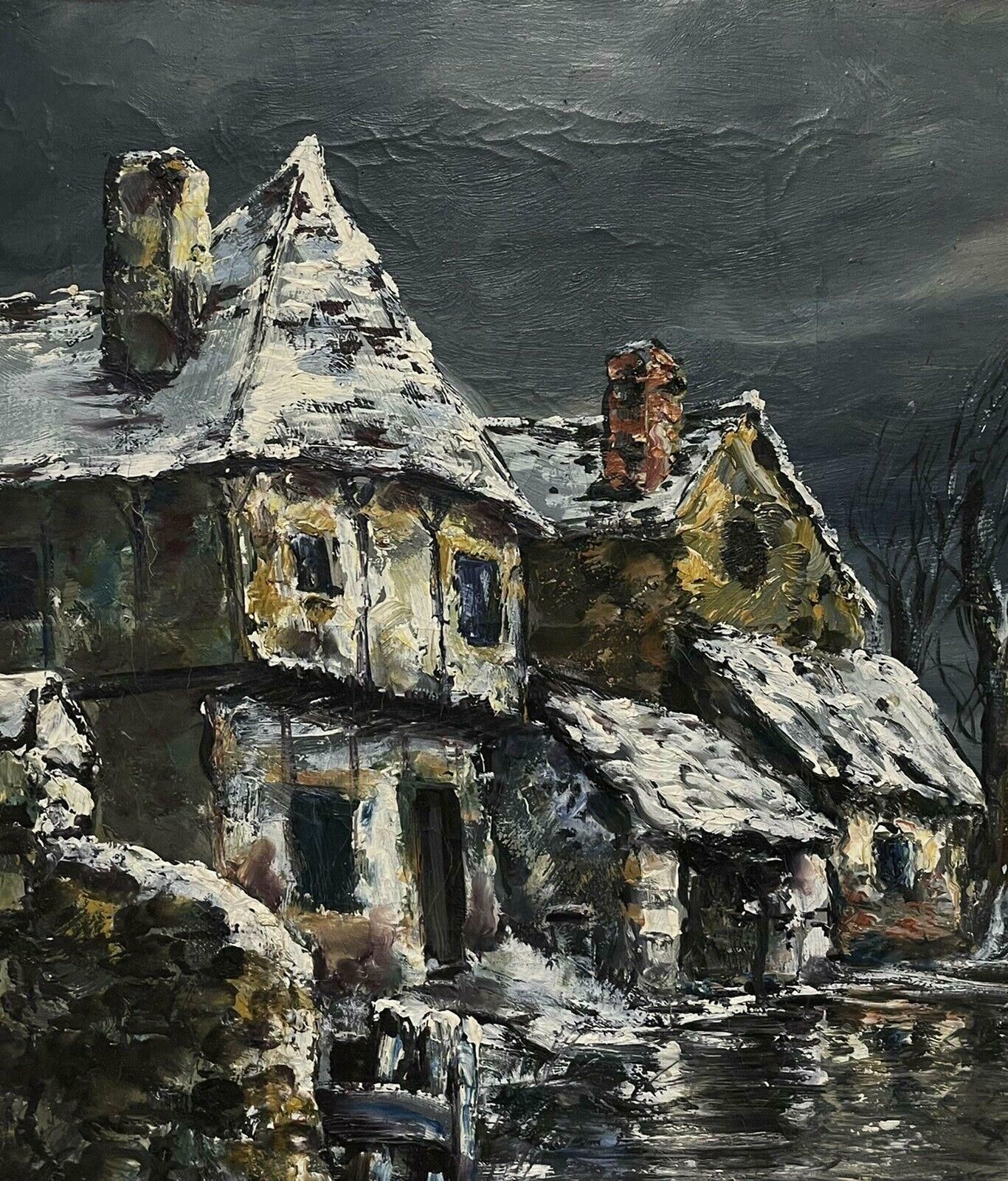 Raymond Besse1950's French Village In Winter River Landscape Signed Impressionist Oilc. 1950's photo Art