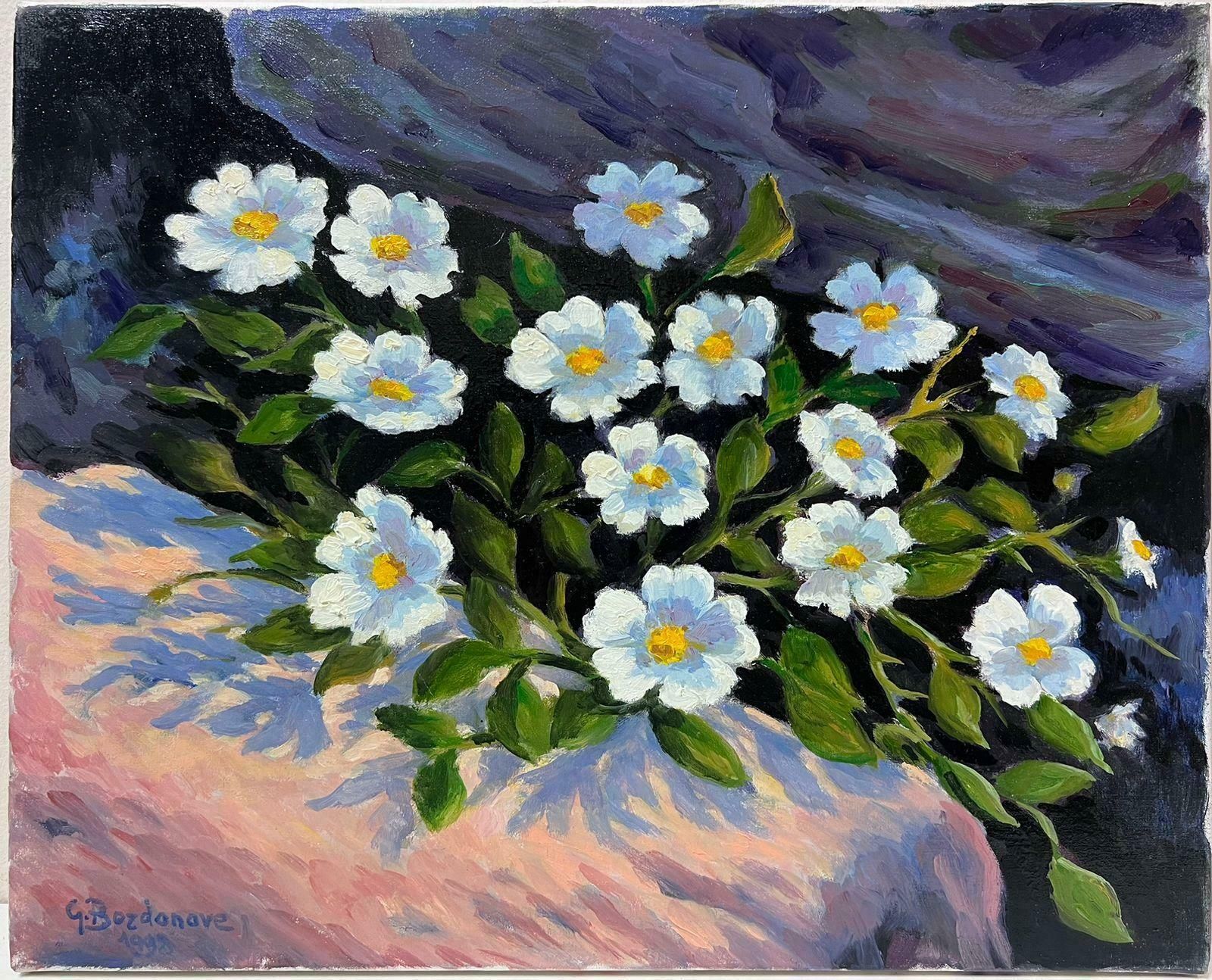 Georges Bordonovecontemporary French Impressionist Oil White Flowers On Rocky Ledge photo furniture
