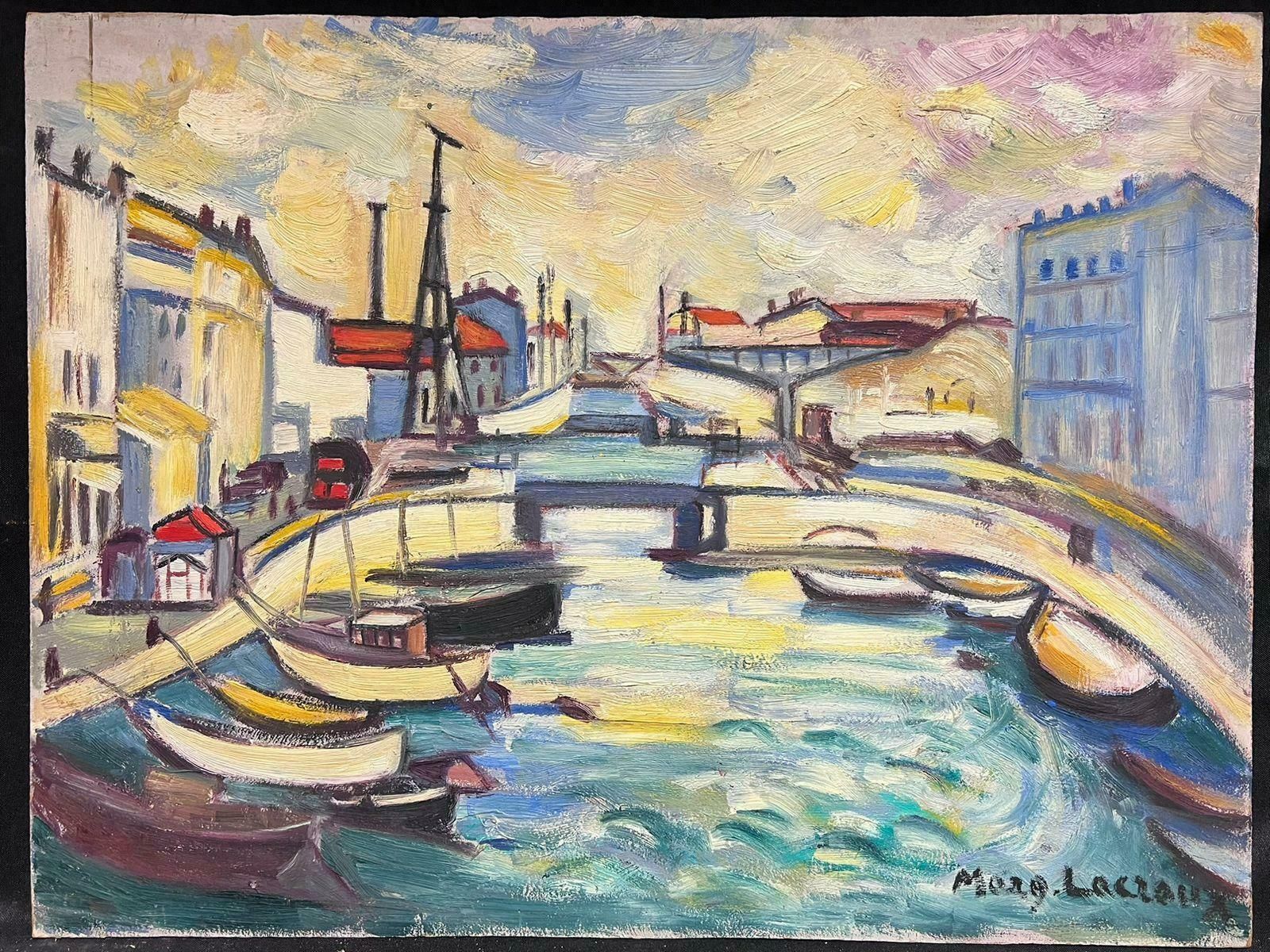 Marguerite Lacrouxmid 20th Century French Signed Oil Boats In Town Harbor Modernist Style photo furniture
